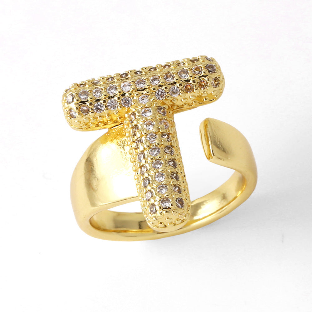 26 English Letters Ring Women's Gold-plated Full Zircon