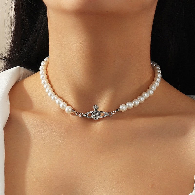 Creative And Trendy Pearl Necklace, Women's Diamond Encrusted Saturn Pendant Necklace, Necklace