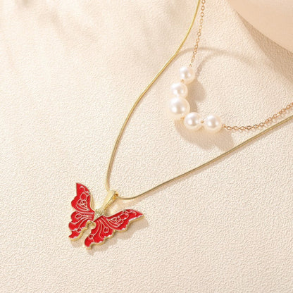 Colorful Butterfly  Princess Same Necklace Double Layer Pearl Necklace Colorful Butterfly Neck Chain